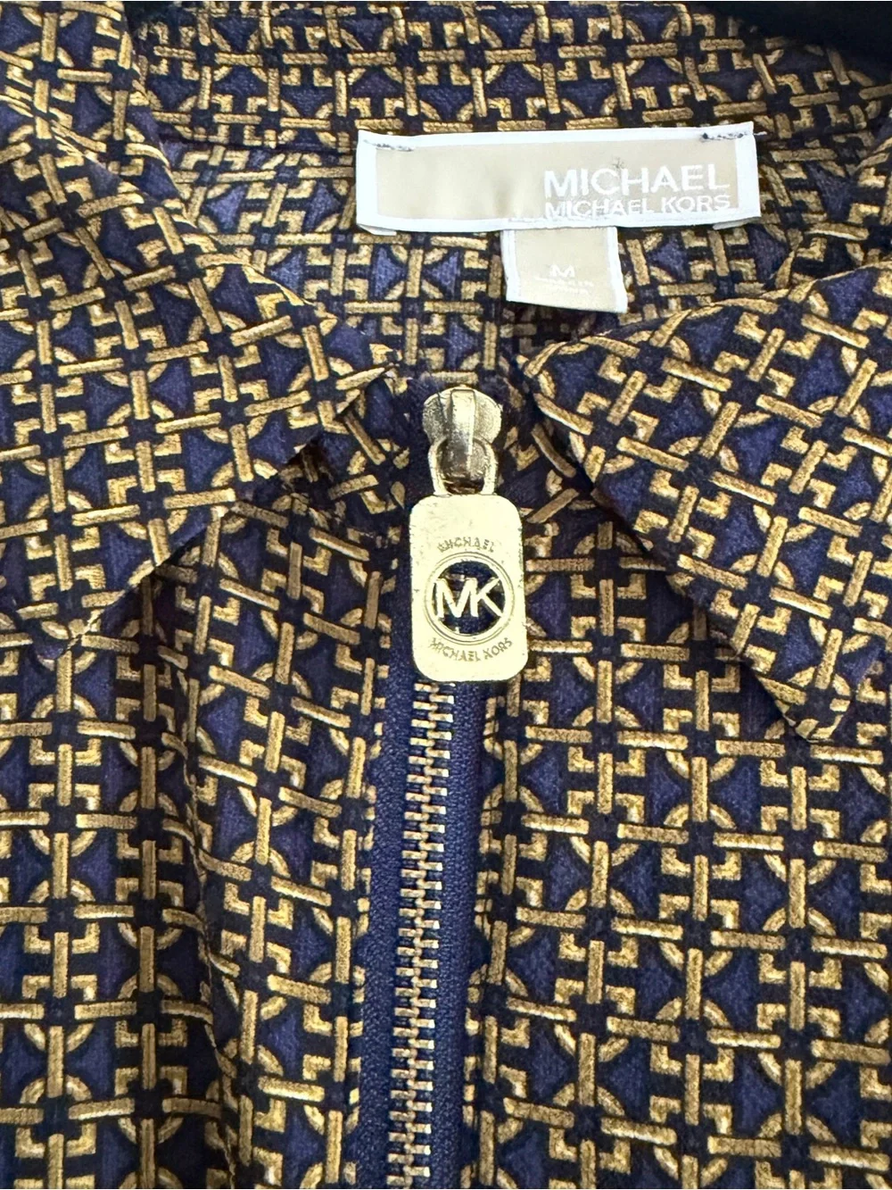Michael Kors Navy and Mustard Geometric Zip-Front Tunic